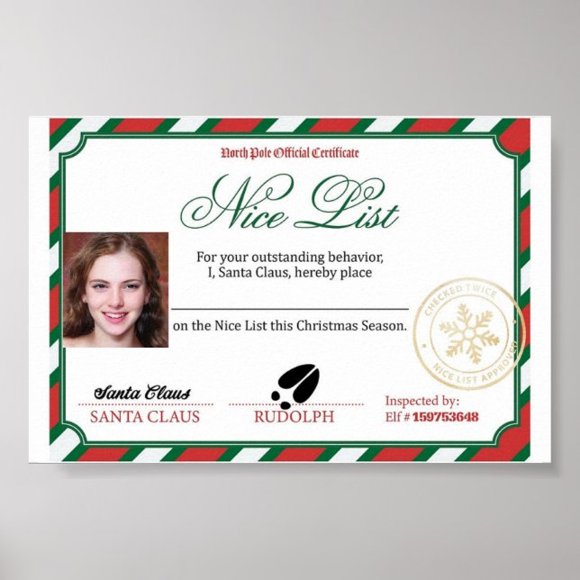 Affiche Certificat de liste de Nice Santas photo modifiabl (Devant)