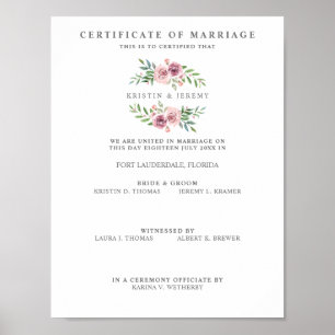Affiche Certificat de mariage avec couronne de fleurs rose