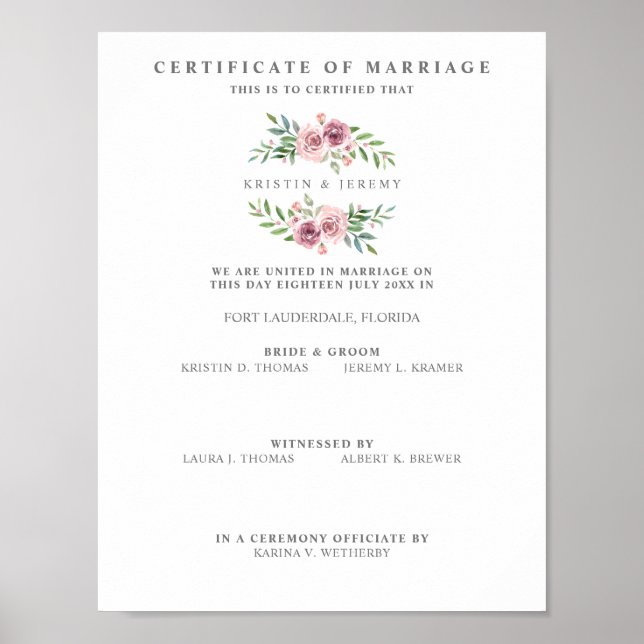 Affiche Certificat de mariage avec couronne de fleurs rose (Devant)