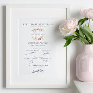 Affiche Certificat de mariage avec Garland floral en rose