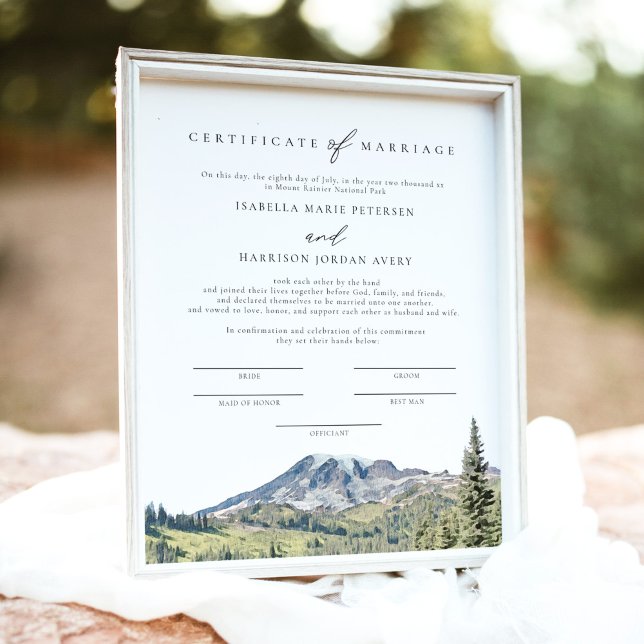 Affiche Certificat de mariage d'aquarelle MOUNT RAINIER (Créateur téléchargé)