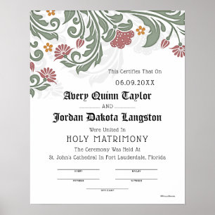 Affiche Certificat de Mariage de défilement floral "Saint 