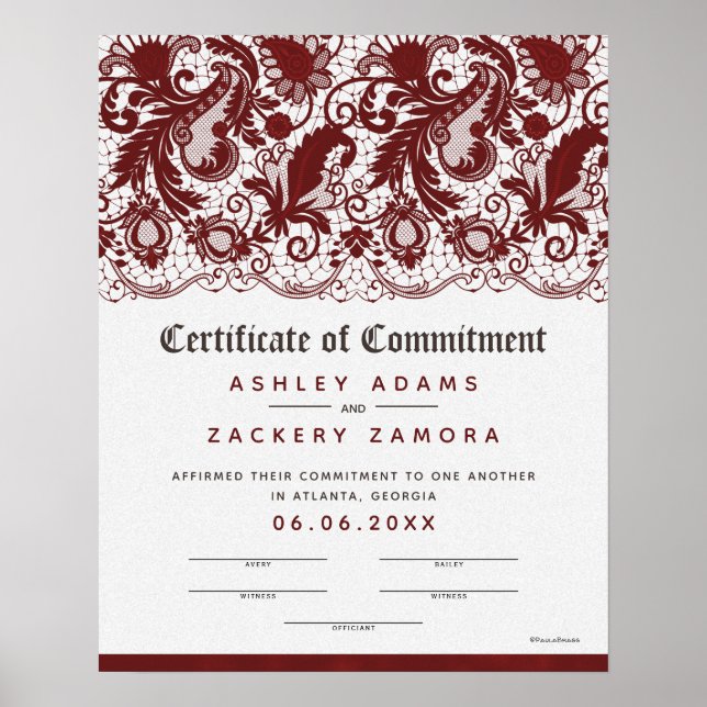 Affiche Certificat de Mariage de dentelle de cérémonie d'e (Devant)