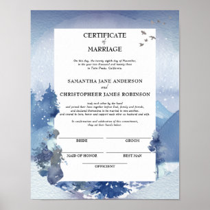 Affiche Certificat de mariage de pin bleu rustique