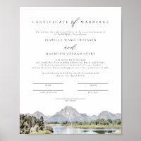 Certificat de mariage du parc national TETON
