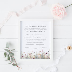 Affiche Certificat de mariage Fleur sauvage élégant