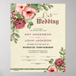 Affiche Certificat de Mariage floral de "partenariat intér