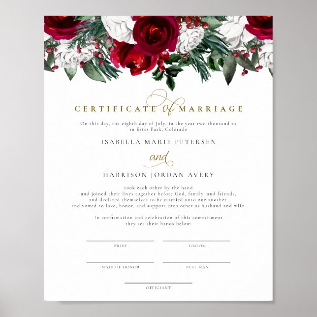 Affiche Certificat de mariage floral d'hiver de Bourgogne (Devant)