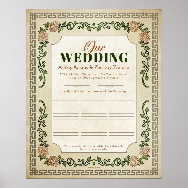 Affiche Certificat de Mariage floral grec antique (Devant)