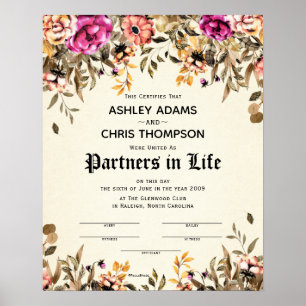 Affiche Certificat de Mariage floral "Partenaires pour la