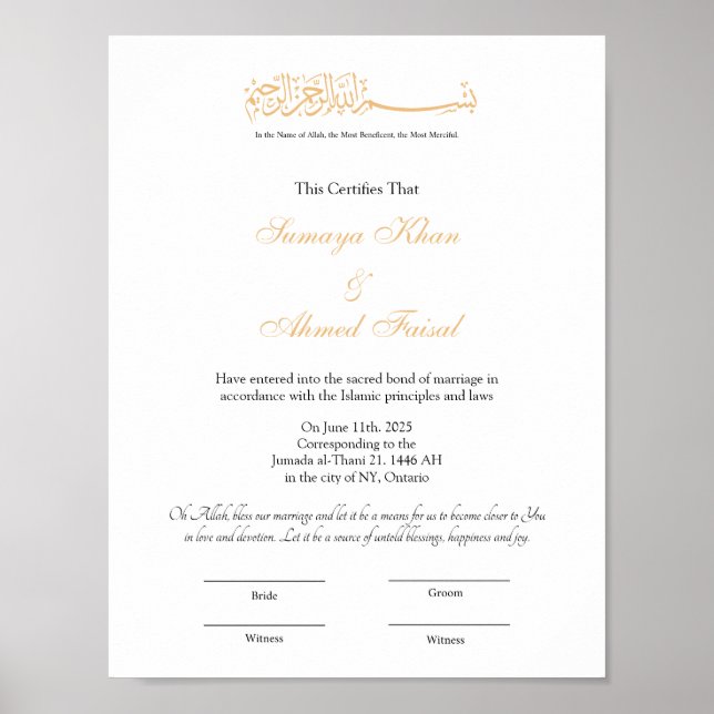 Affiche Certificat de mariage islamique, certificat Nikkah (Devant)