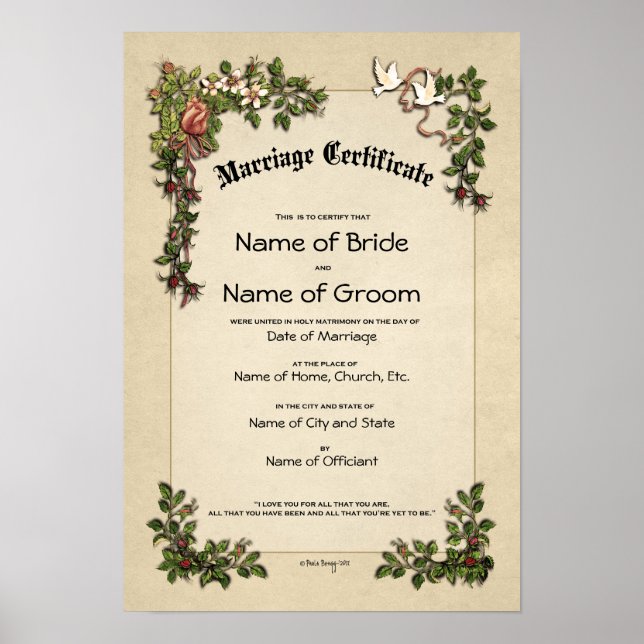 Affiche Certificat de mariage Mariage-(conservation orneme (Devant)