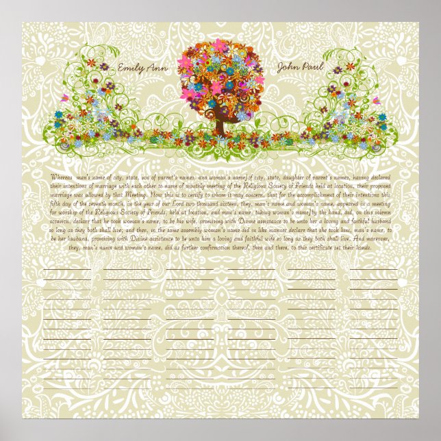 Affiche Certificat de Mariage Quaker Imprimé d'Arbre Fleur (Devant)