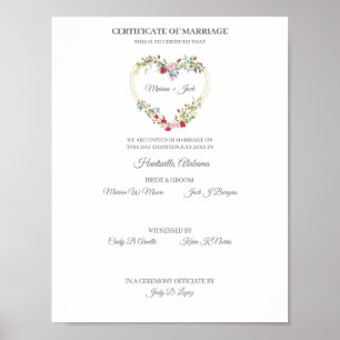Affiche Certificat de Mariage Rouge & Rose Coeur Floral
