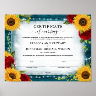 Affiche Certificat de mariage turquoise Rose de tournesol