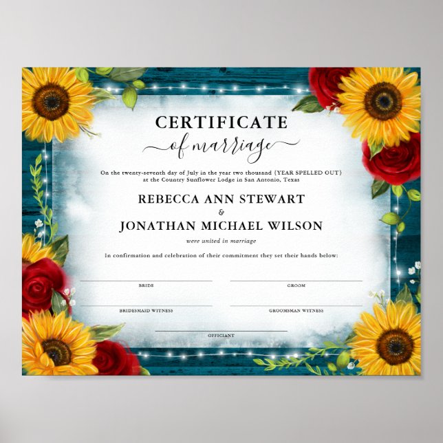 Affiche Certificat de mariage turquoise Rose de tournesol (Devant)