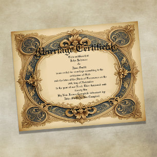 Affiche Certificat de mariage vintage bleu et or