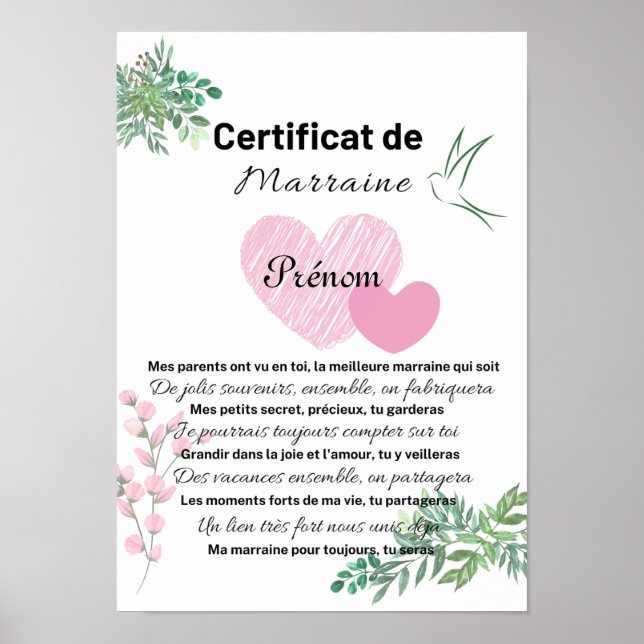 Affiche Certificat de Marraine (Devant)