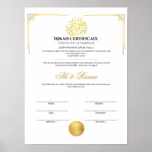 Affiche Certificat de Nikah en or élégant avec sceau