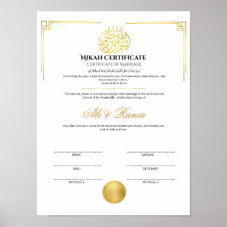 Affiche Certificat de Nikah en or élégant avec sceau 