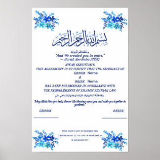 Affiche Certificat de Nikah islamique aquarelle bleu royal