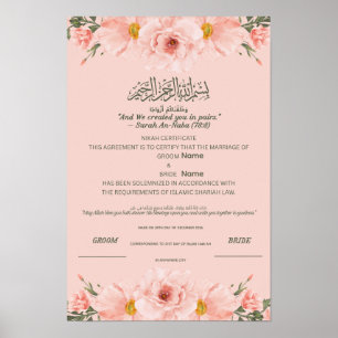 Affiche Certificat de Nikah islamique Aquarelle rose tend
