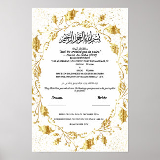 Affiche Certificat de Nikah islamique Feuille de feuille d