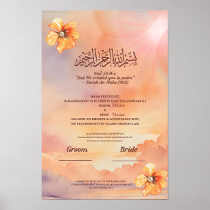 Affiche Certificat de Nikah islamique Peach Floral & Perle