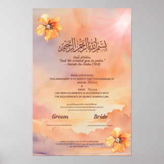 Affiche Certificat de Nikah islamique Peach Floral & Perle