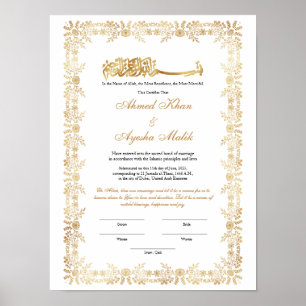Affiche Certificat de Nikkah en or pour mariage islamique