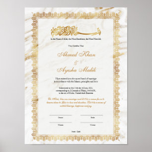 Affiche Certificat de Nikkah en or pour mariage islamique