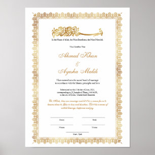 Affiche Certificat de Nikkah en or pour mariage islamique