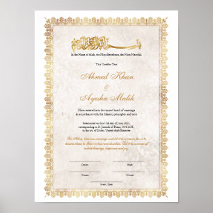 Affiche Certificat de Nikkah en or pour mariage islamique