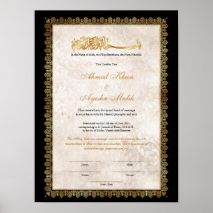 Affiche Certificat de Nikkah en or pour mariage islamique