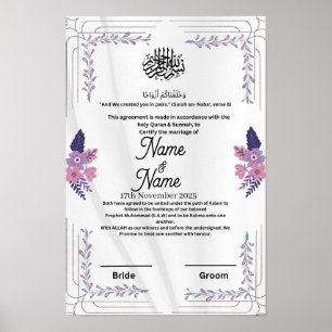 Affiche Certificat de nikkah fleuri et violet islamique