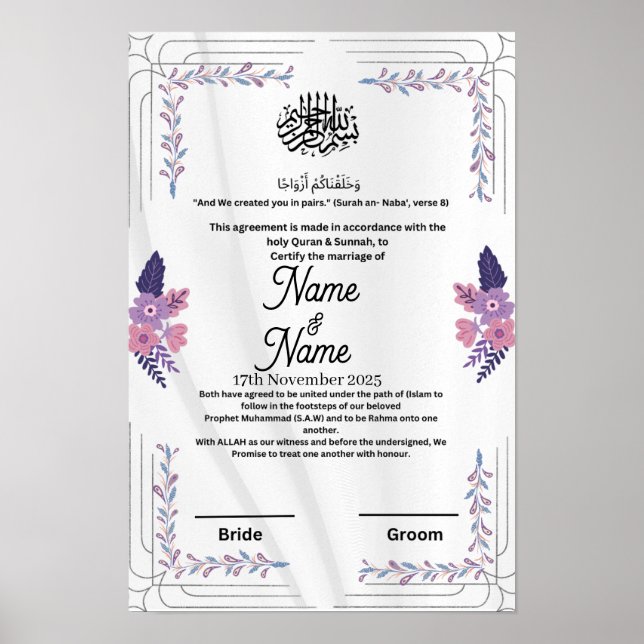 Affiche Certificat de nikkah fleuri et violet islamique (Devant)