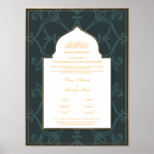Affiche Certificat de nikkah vert avec bordure or