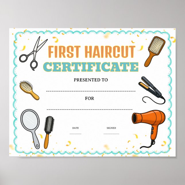 Affiche certificat de première coupe de cheveux modifiable (Devant)
