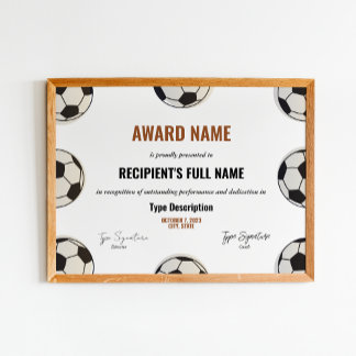 Affiche Certificat de prix de football, reconnaissance du