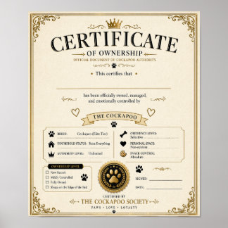 Affiche Certificat de Propriétaire de Cockapoo Personnalis