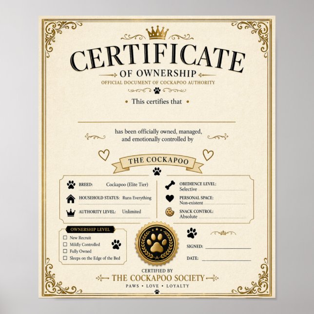 Affiche Certificat de Propriétaire de Cockapoo Personnalis (Devant)