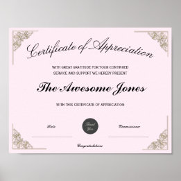 Affiche Certificat de reconnaissance rose Logo personnalis