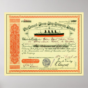 Affiche Certificat de Stock de Cunard Steam-Ship Company 1