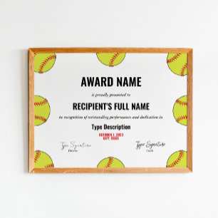 Affiche Certificat d'excellence de softball