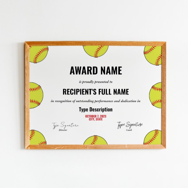 Affiche Certificat d'excellence de softball (Créateur téléchargé)