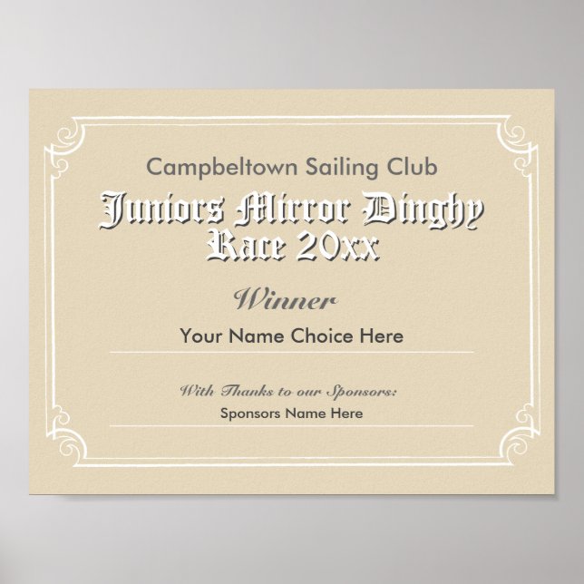 Affiche Certificat du vainqueur du Concours Club de voile (Devant)