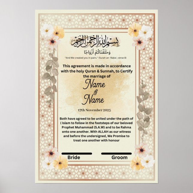 Affiche Certificat floral nikkah (Devant)