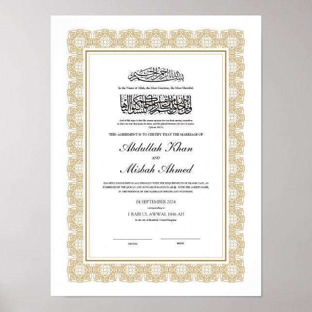 Affiche Certificat Gold Nikkah pour le Mariage musulman is (Devant)