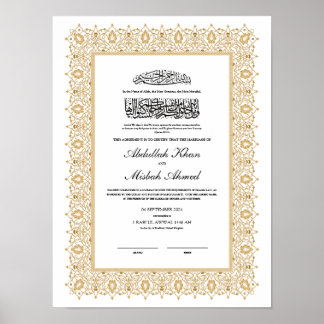 Affiche Certificat Gold Nikkah pour le Mariage musulman is