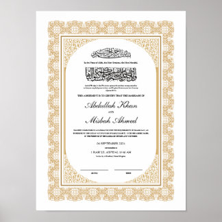 Affiche Certificat Gold Nikkah pour le Mariage musulman is